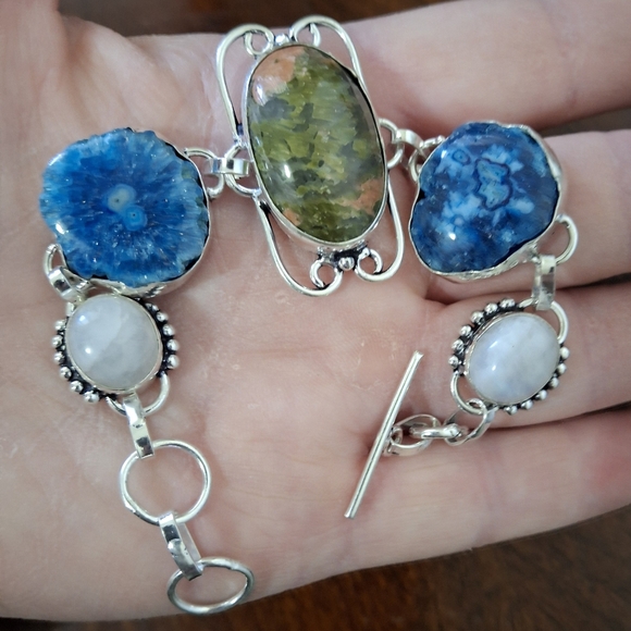 New Unakite, Rainbow Moonstone, Agate Geode Slice 925 Silver Bracelet. - Picture 7 of 10